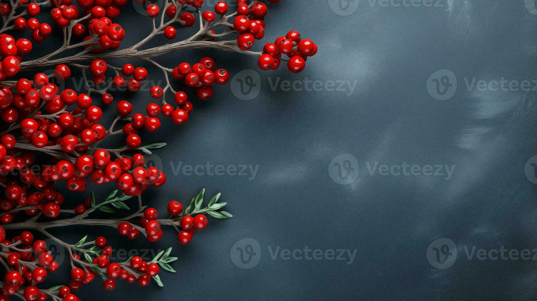 AI generated Christmas grey board frame with branches of red berries covered in frost. Copy space.New year background. Top view, flat lay. Banner. photo