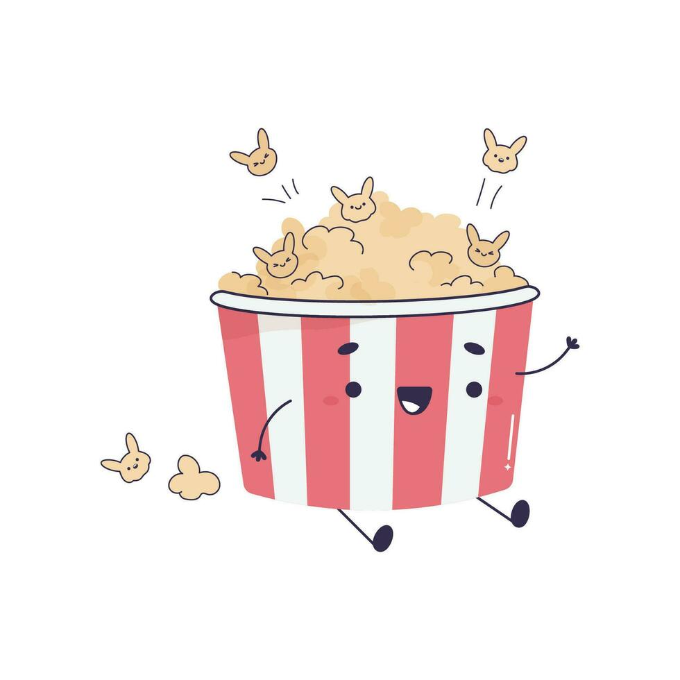 Cute popcorn character, movies, kawaii food for films vector