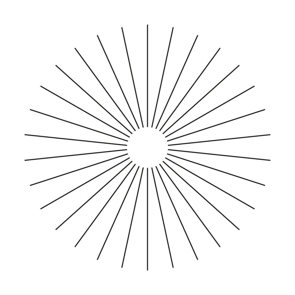Radial circle lines. Abstract illusion geometric shape. Circular lines element. Symbol of sun star rays. Flat design icon. Spokes with radiating stripes. Vector graphic template.