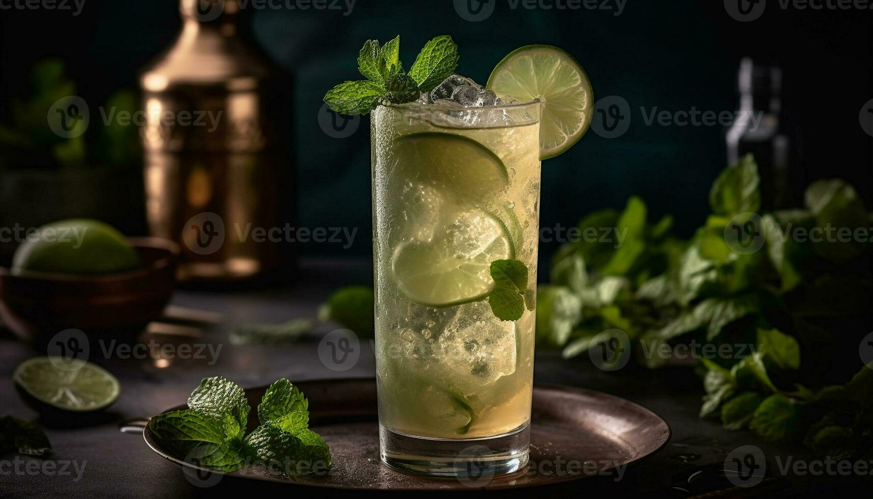 AI generated Refreshing mojito cocktail with lime, mint leaf, and citrus fruit generated by AI photo