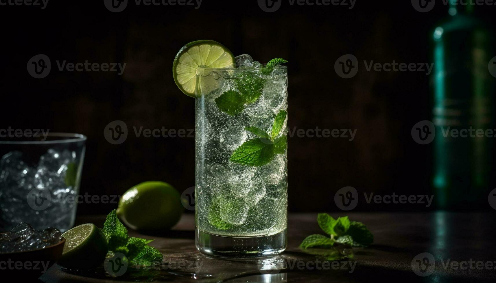 AI generated Refreshing mojito cocktail with lime, mint leaf, and citrus fruit generated by AI photo