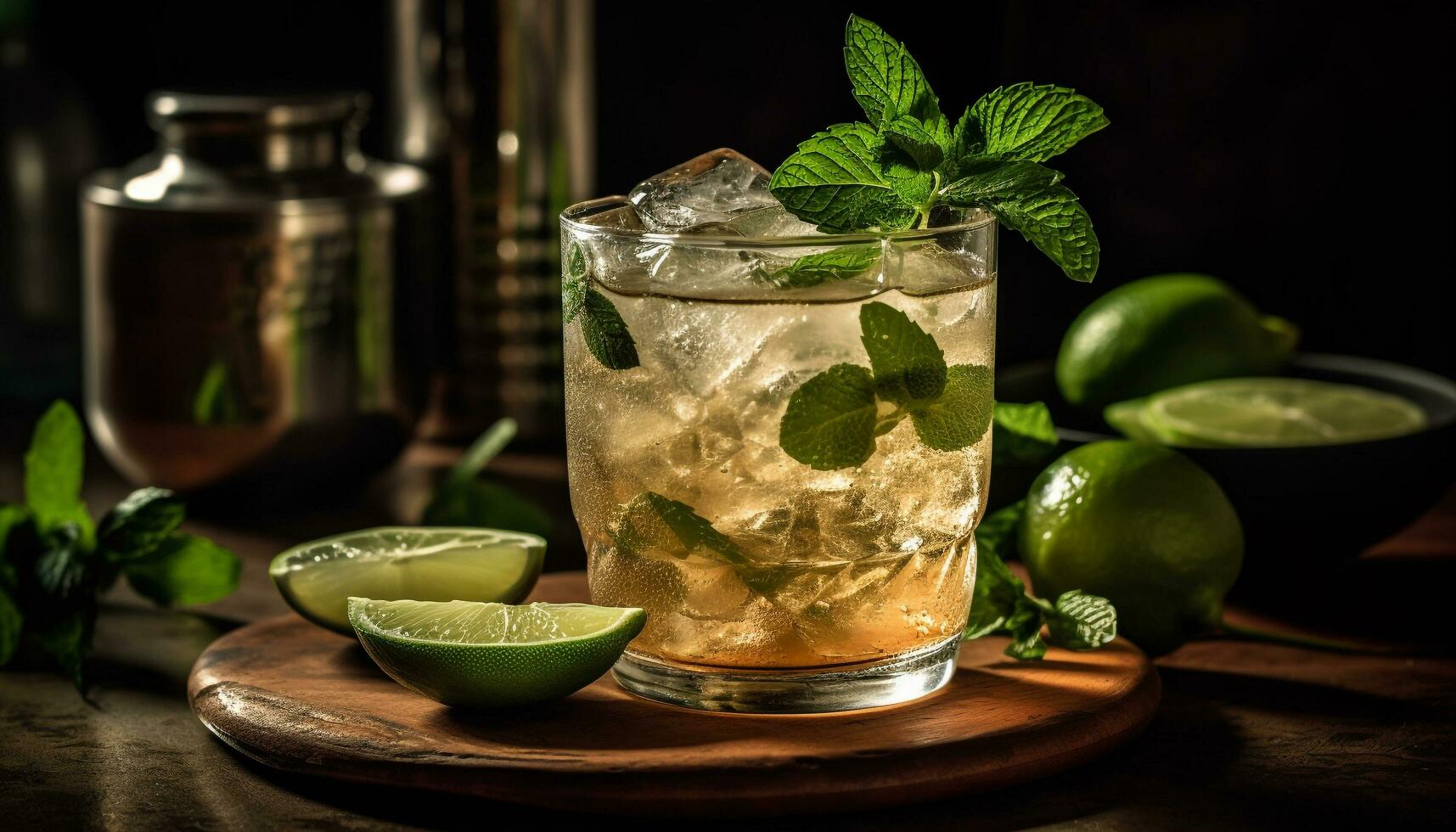 AI generated Refreshing mojito cocktail with lime, mint leaf, and citrus fruit generated by AI photo