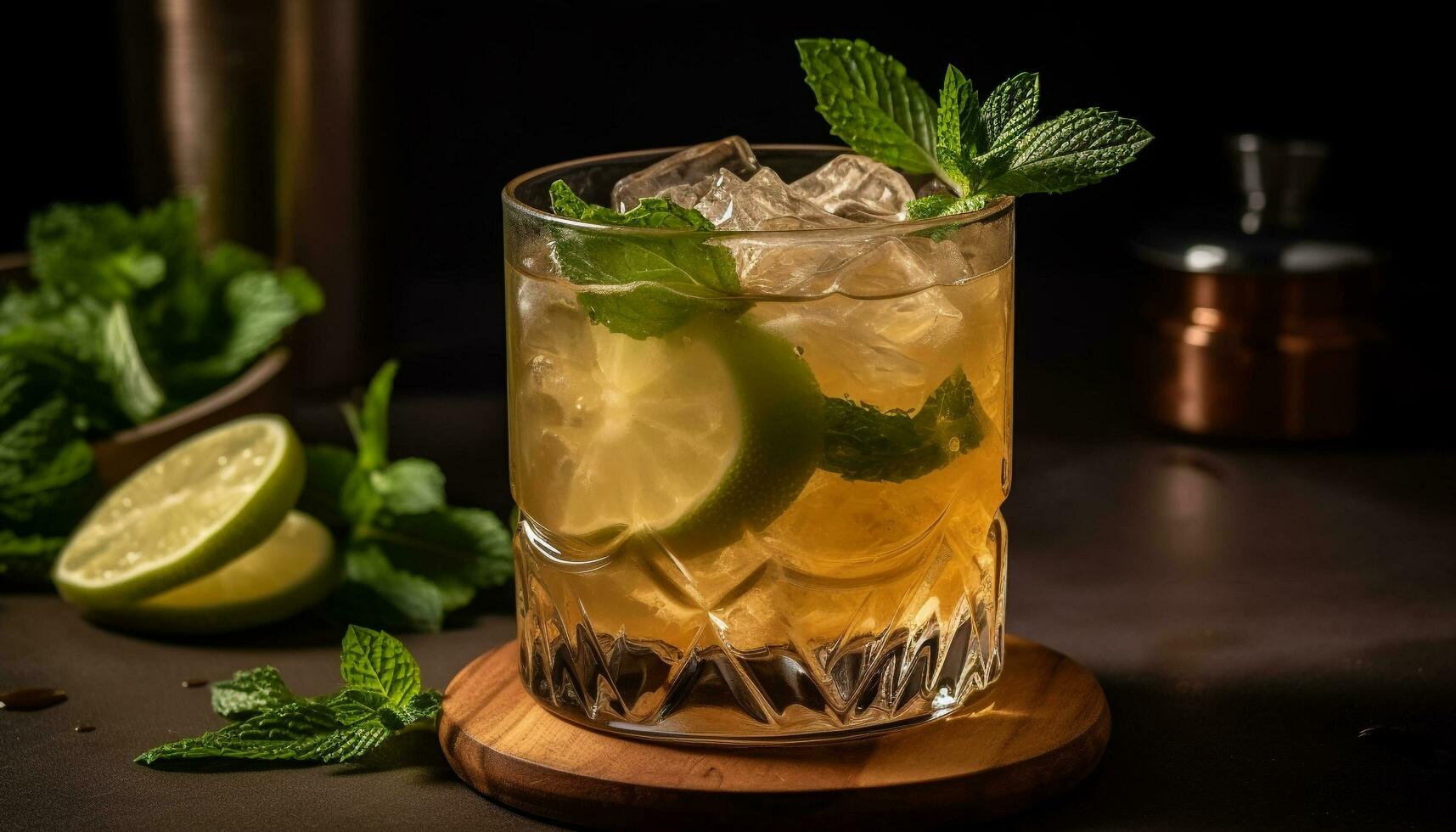 AI generated Refreshing mojito cocktail with lime, mint leaf, and citrus fruit generated by AI photo