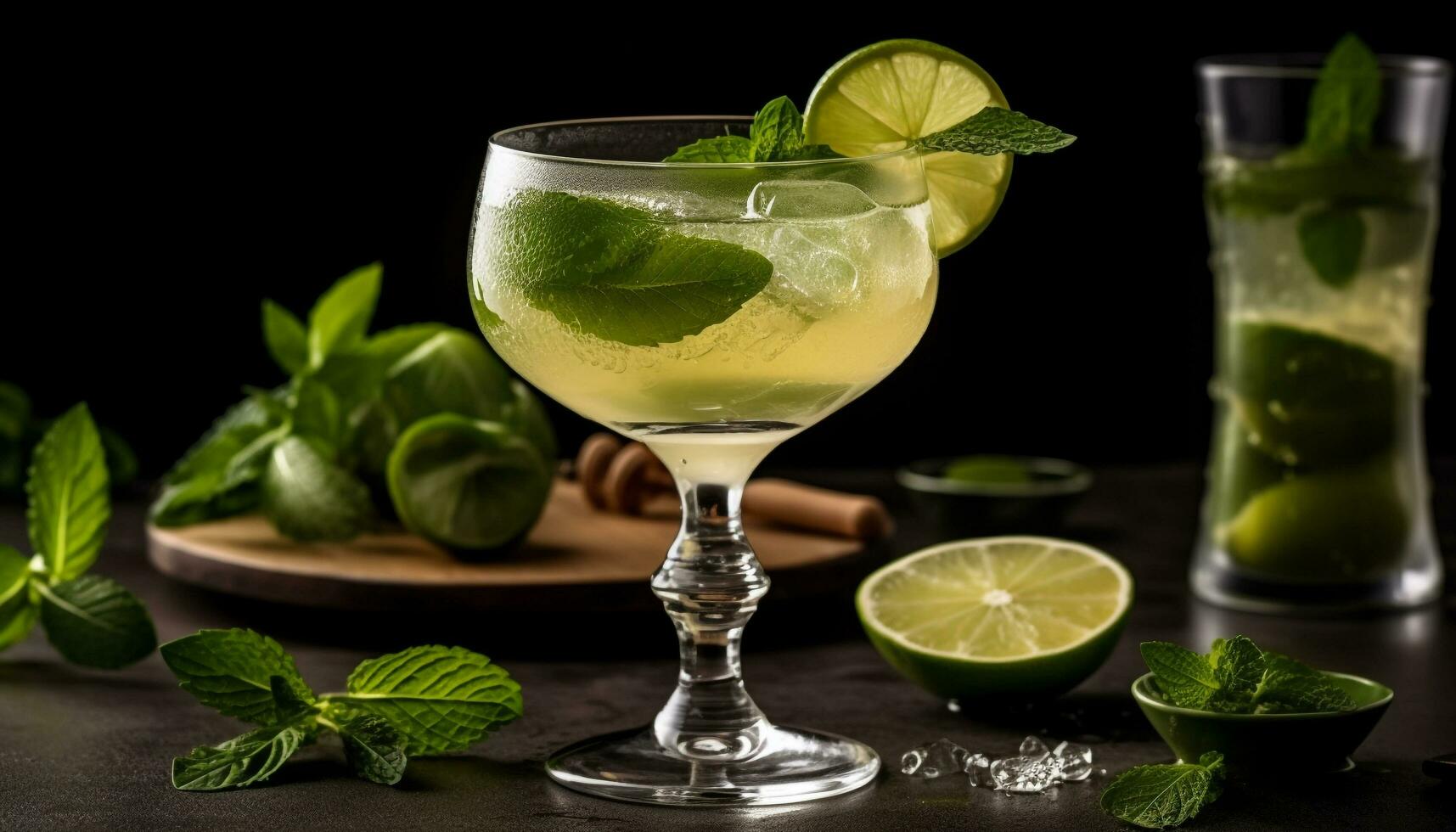 AI generated Refreshing mojito cocktail with lime, mint leaf, and citrus fruit generated by AI photo