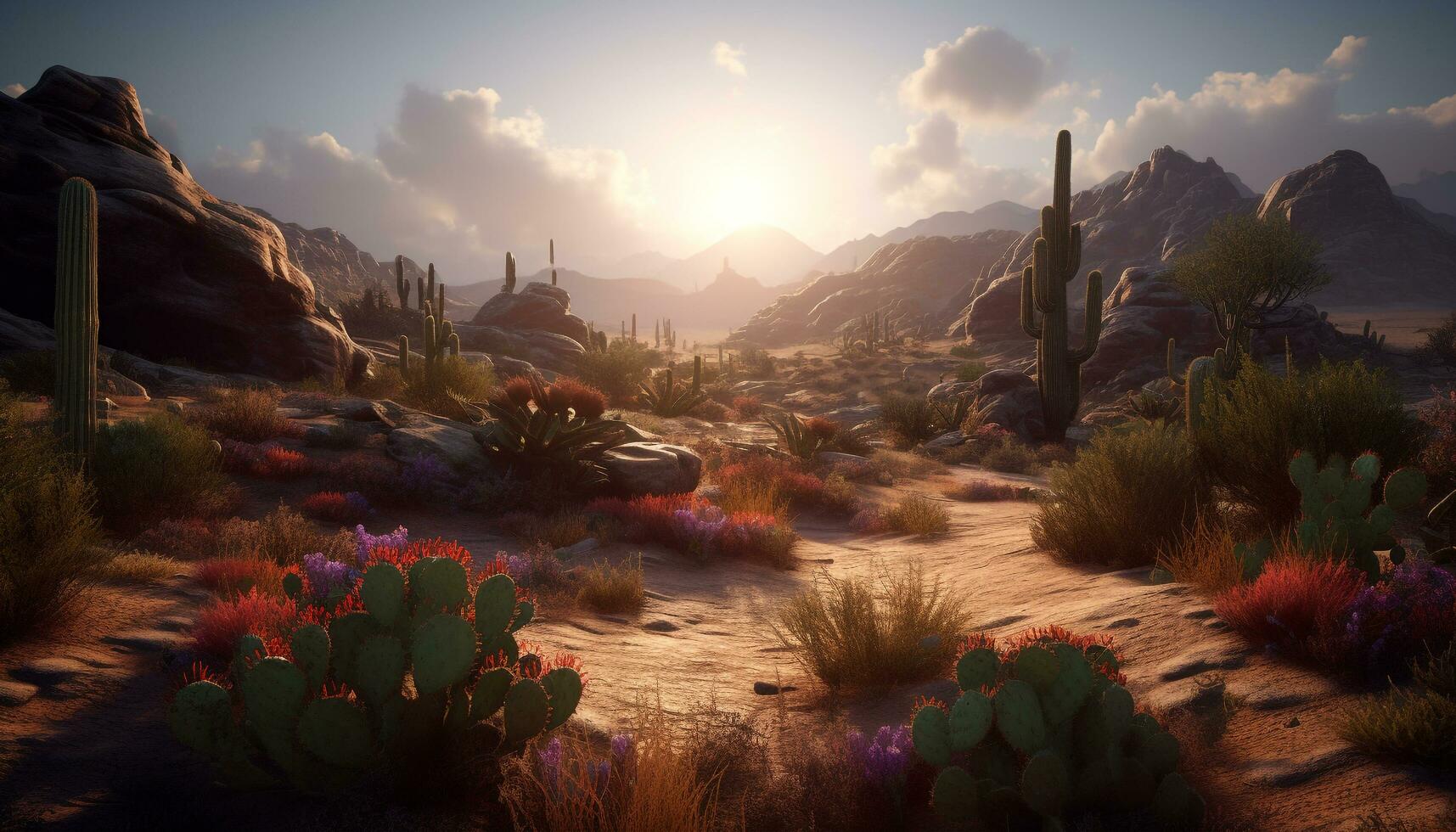 AI generated Tranquil sunset over arid mountains, dusty footpath leads west generated by AI photo