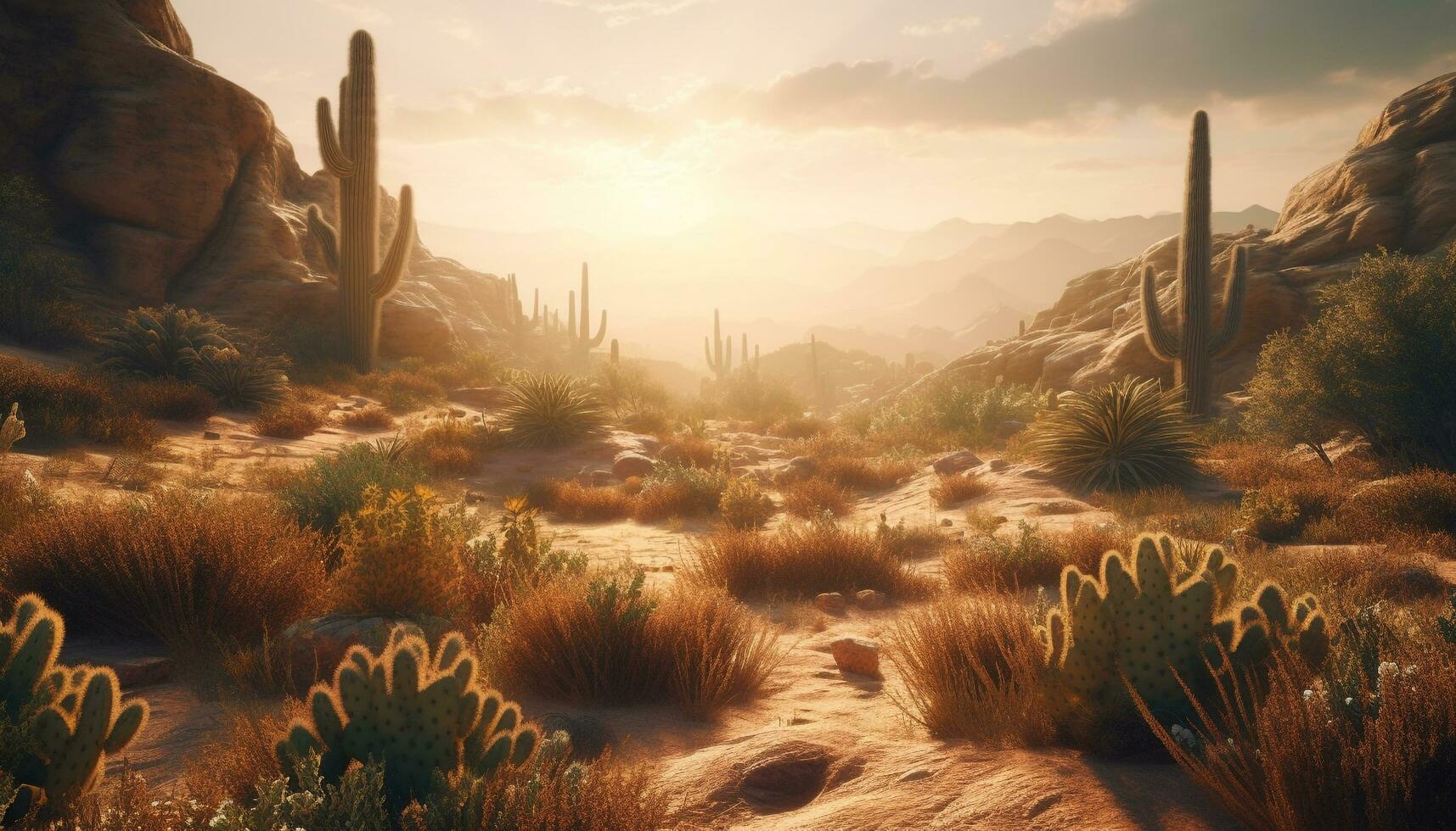 AI generated Tranquil sunset over arid mountains, dusty footpath leads west generated by AI photo
