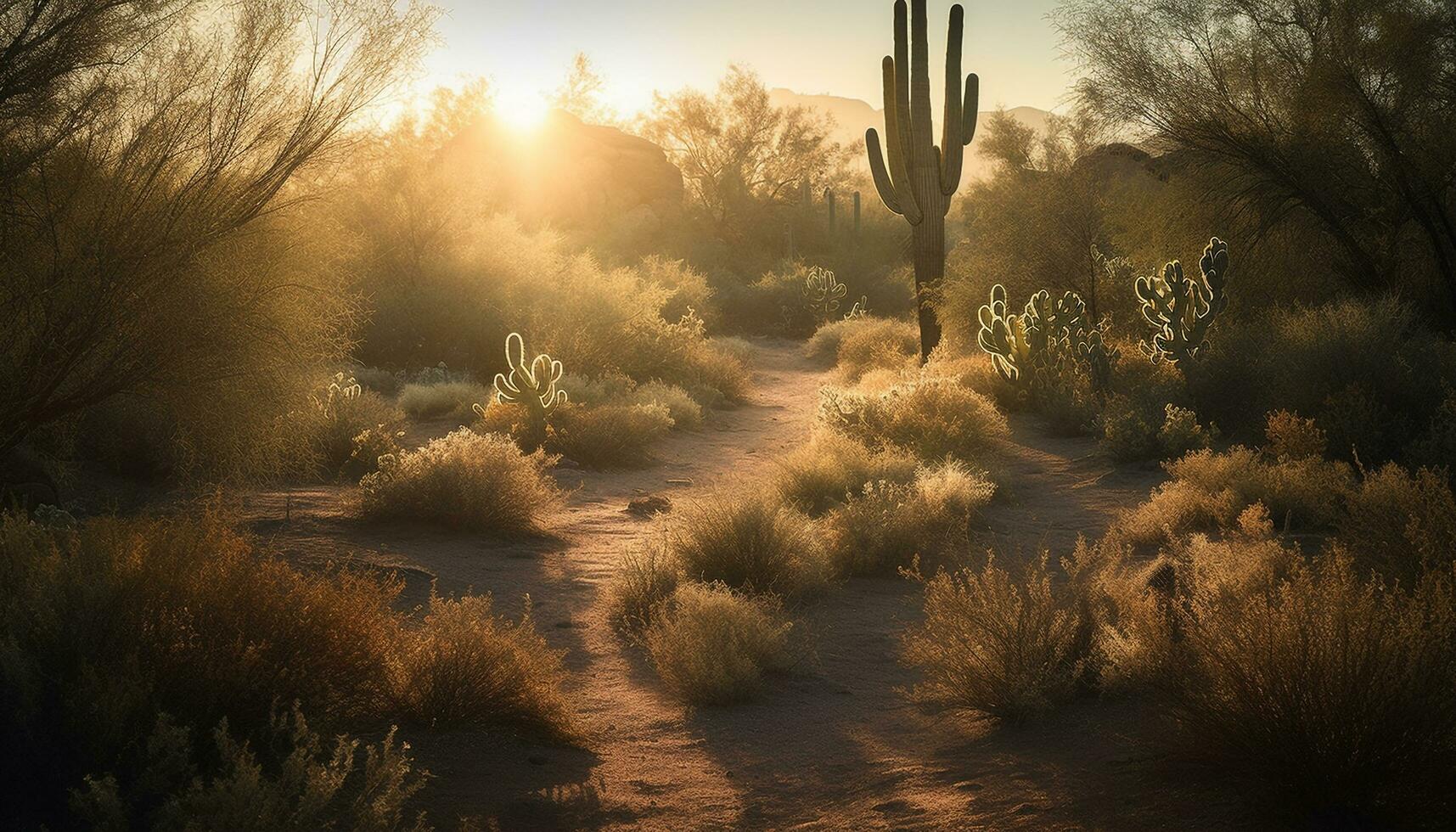 AI generated Tranquil sunset over arid mountains, dusty footpath leads west generated by AI photo
