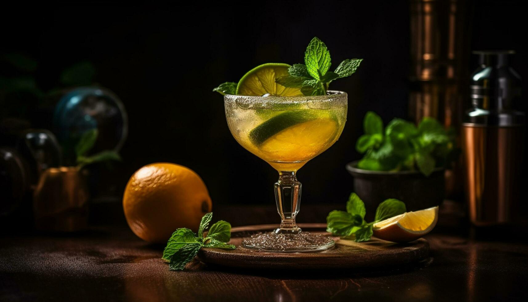 AI generated Cocktail glass filled with colorful fruity tequila, refreshing summer drink generated by AI photo