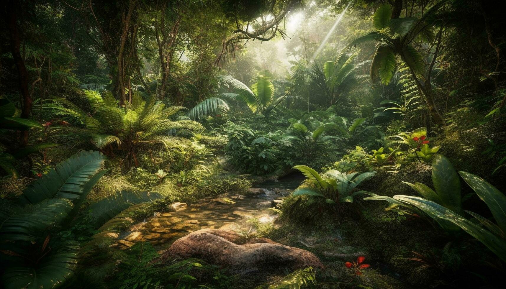 AI generated Tranquil tropical rainforest, green palm trees, flowing water, serene landscape generated by AI photo