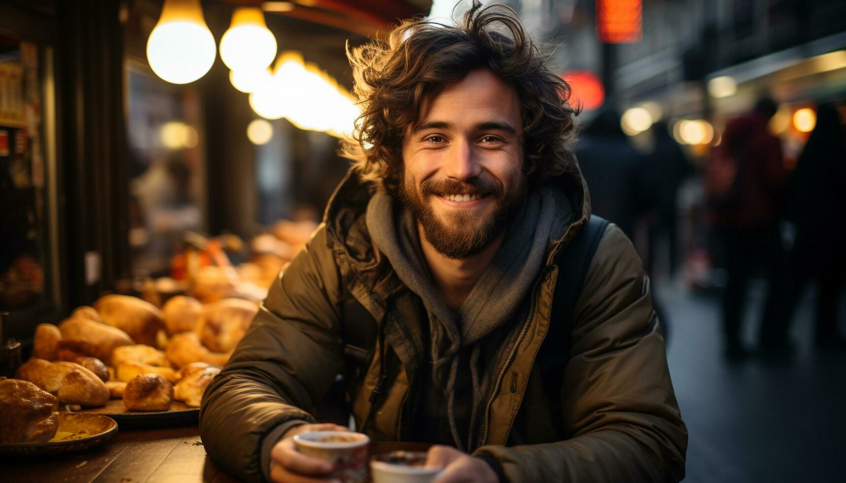 AI generated Smiling man, illuminated city, confident, enjoying nightlife, looking at camera generated by AI photo