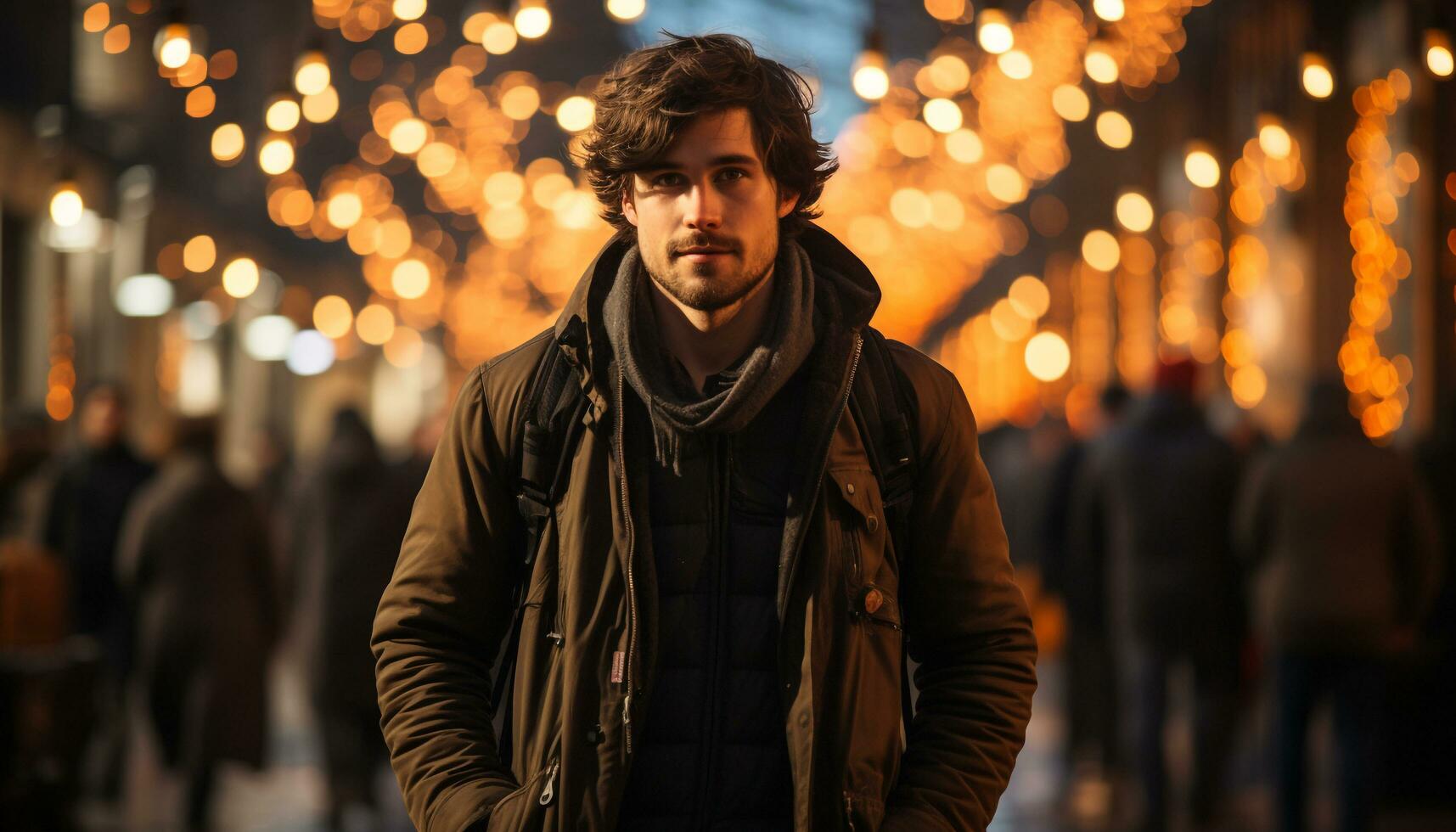 AI generated Smiling man, illuminated city, confident, enjoying nightlife, looking at camera generated by AI photo