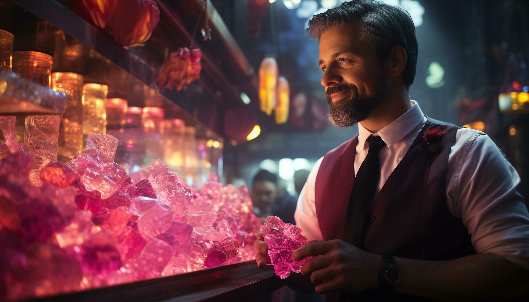 AI generated Smiling man, illuminated city, confident, enjoying nightlife, looking at camera generated by AI photo