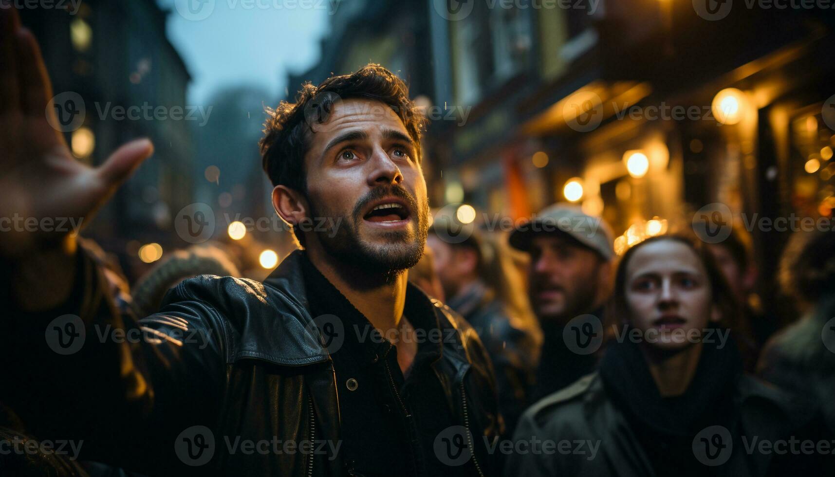 AI generated Smiling man, illuminated city, confident, enjoying nightlife, looking at camera generated by AI photo