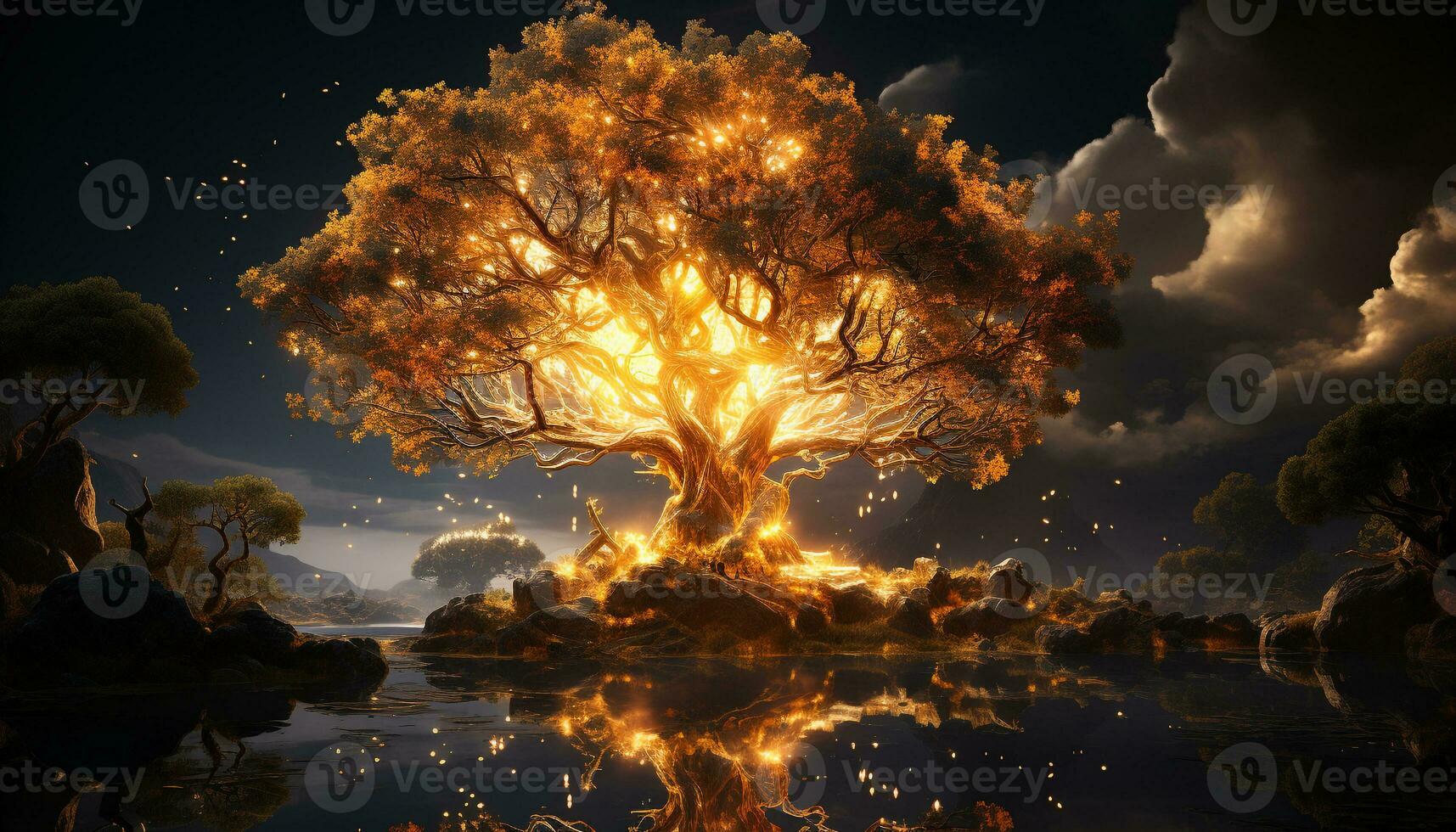 AI generated Glowing tree in the night sky, nature futuristic inferno generated by AI photo
