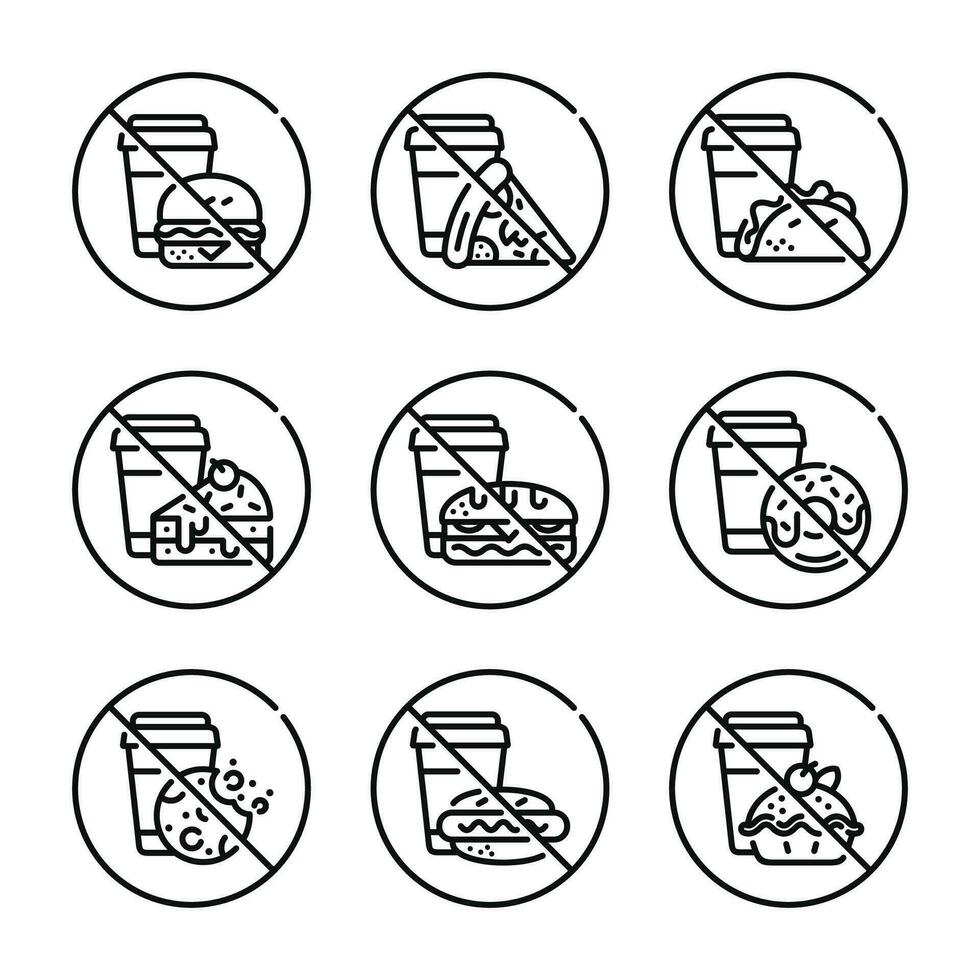 Prohibition food and drink symbol set vector. No food and drink sign symbol set vector