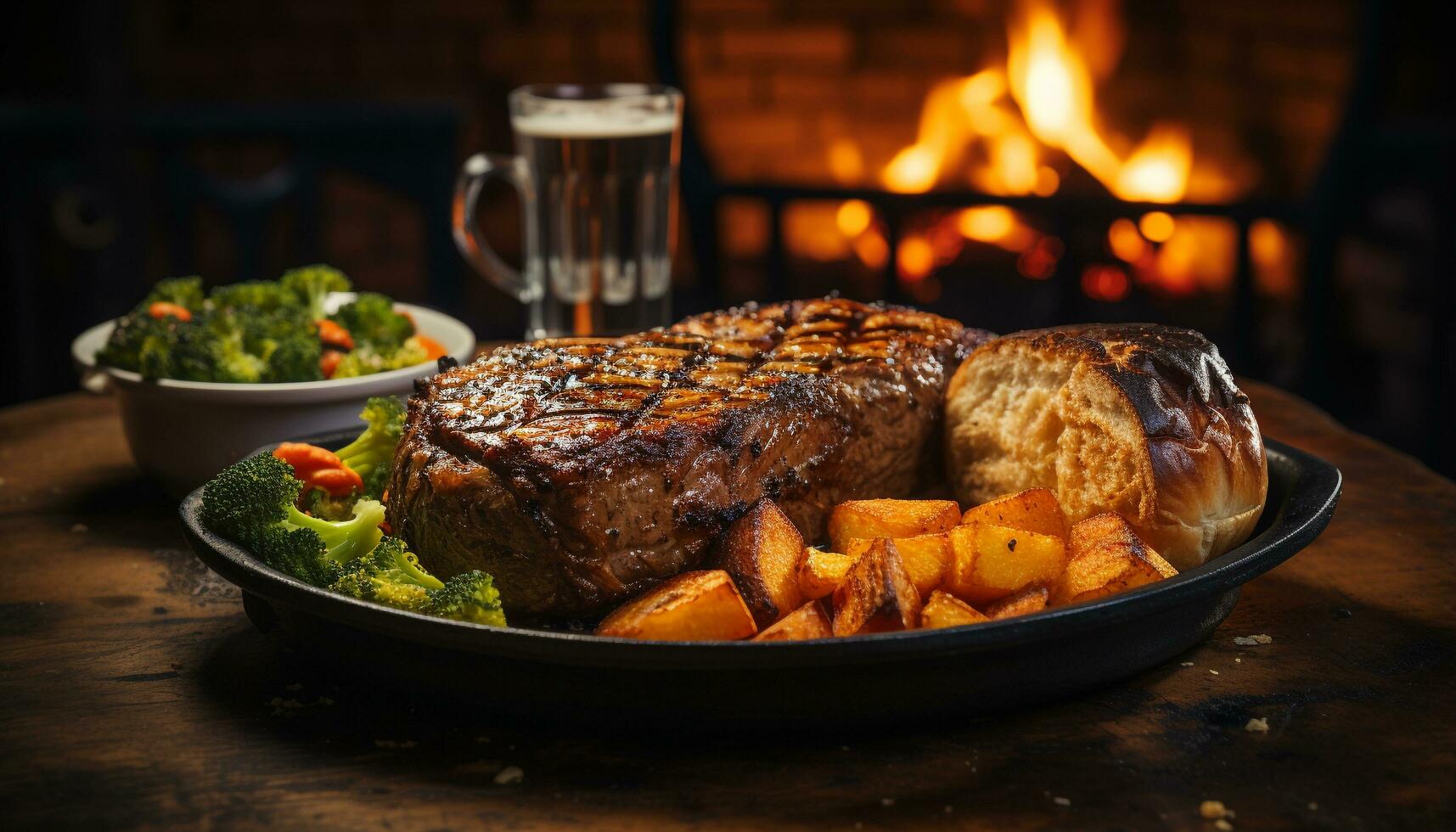 AI generated A gourmet meal on a wooden table, wine and candle generated by AI photo