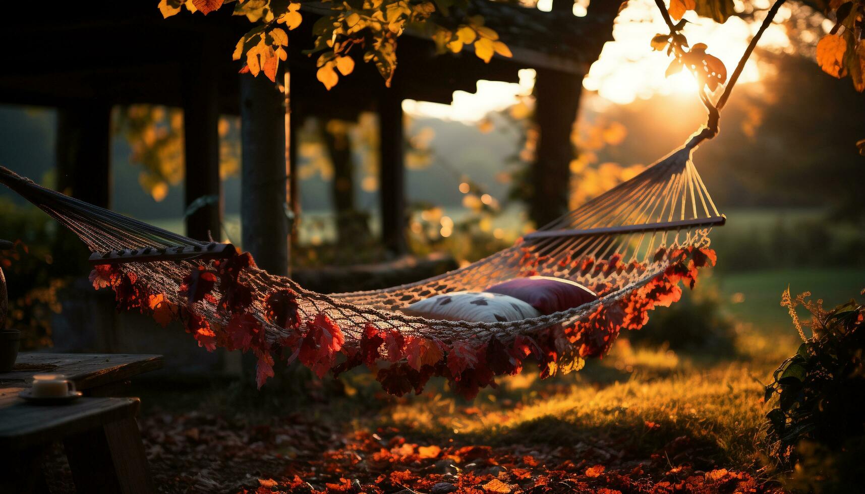 AI generated Hiking adventure in autumn, backpacking through mountain peaks at sunrise generated by AI photo