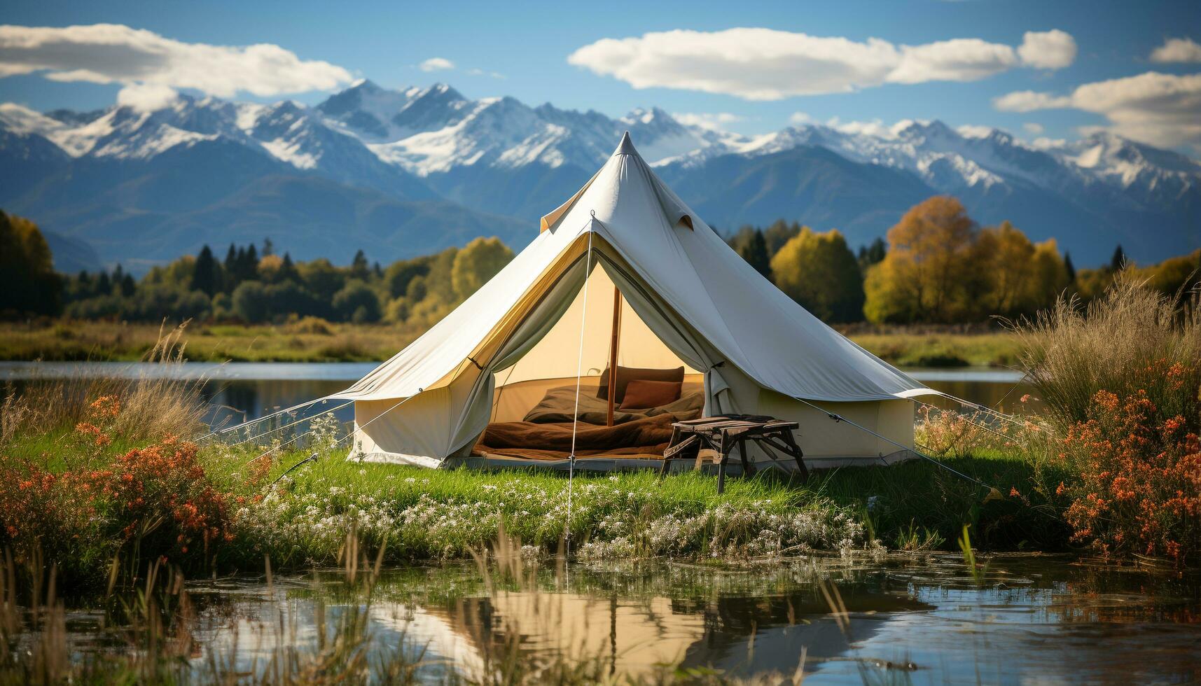 AI generated Hiking adventure in autumn, backpacking through mountain peaks at sunrise generated by AI photo