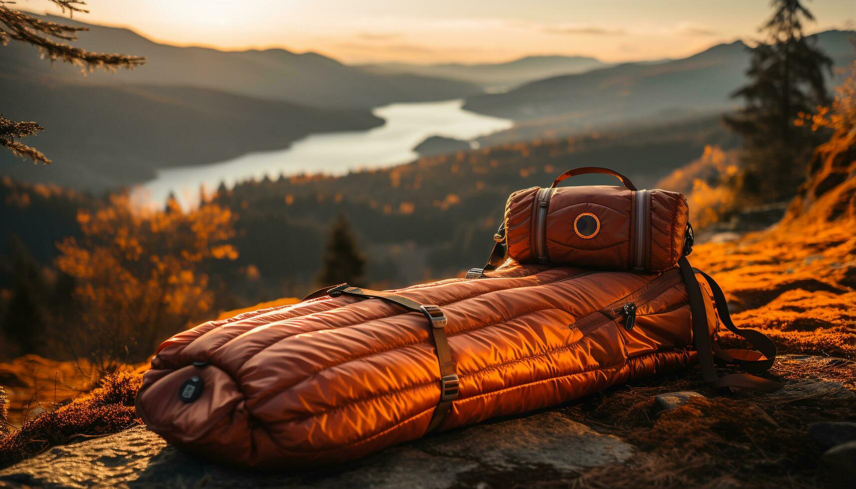 ai generado excursionismo aventuras en otoño, mochilero mediante montaña picos a amanecer generado por ai foto