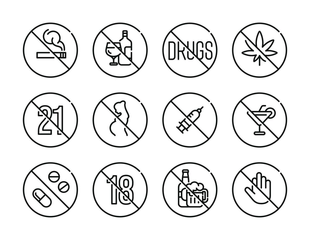 Prohibition drugs and alcohol symbol set vector. No drugs and alcohol sign symbol set vector