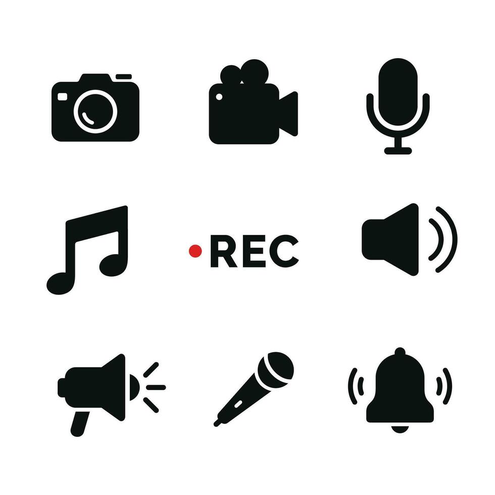 Camera, record, microphone, music, speaker icon set isolated on white background vector
