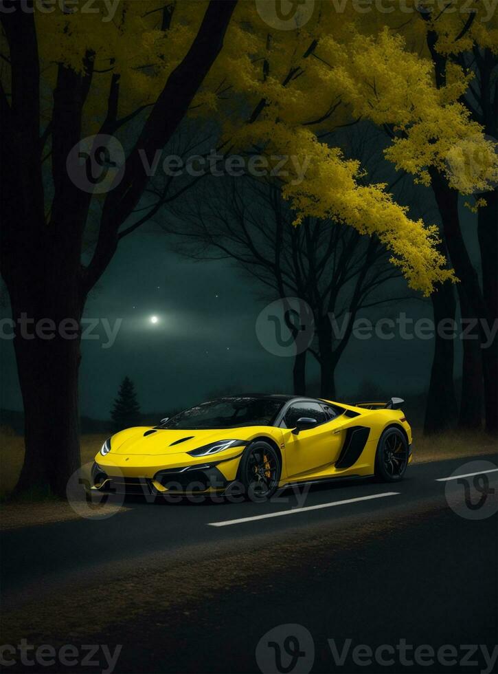 ai generado amarillo coche en el noche foto