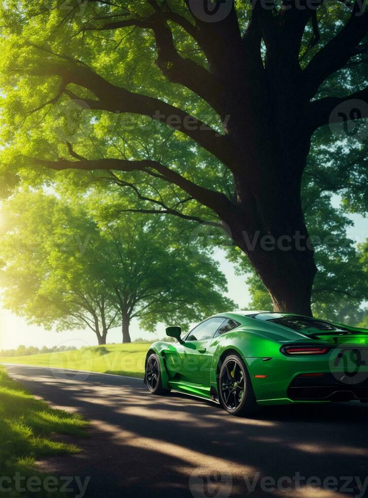 AI generated Green Car in sunshine day hill track road photo