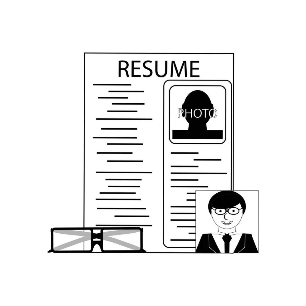 Find work business concept linear outline. CV resume and photo candidate. Vector illustration. writing cv line style