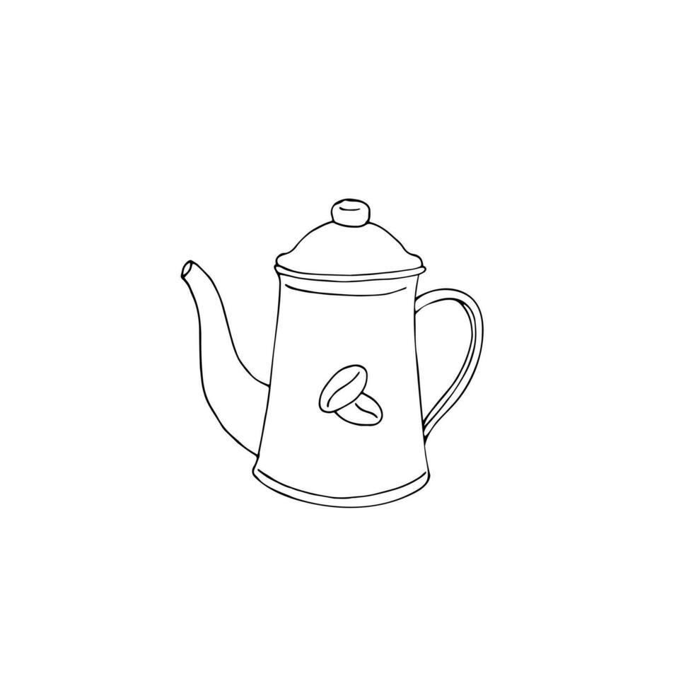 Hand-drawn coffee pot isolated on a white background. Vector illustration of cooking equipment for making coffee with coffee beans on it.