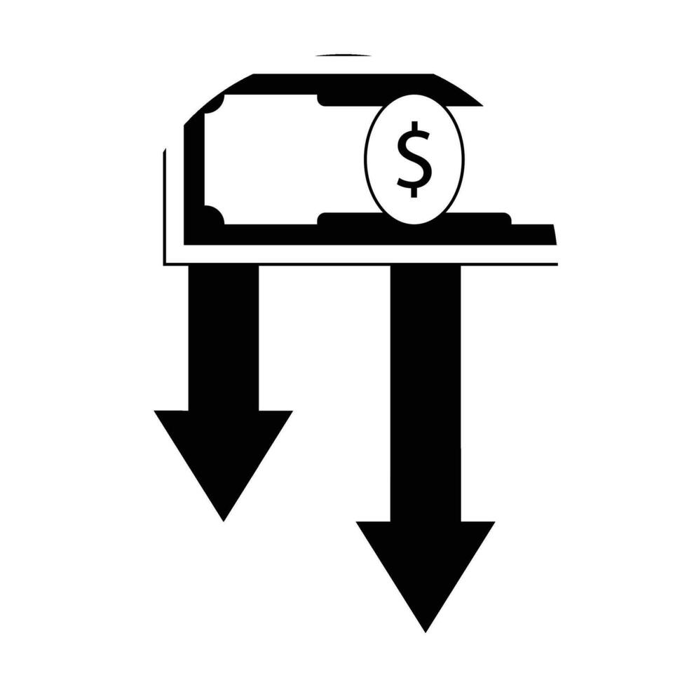 Finanzas crisis icono negro blanco. dinero dólar billete de banco y flechas abajo. vector ilustración