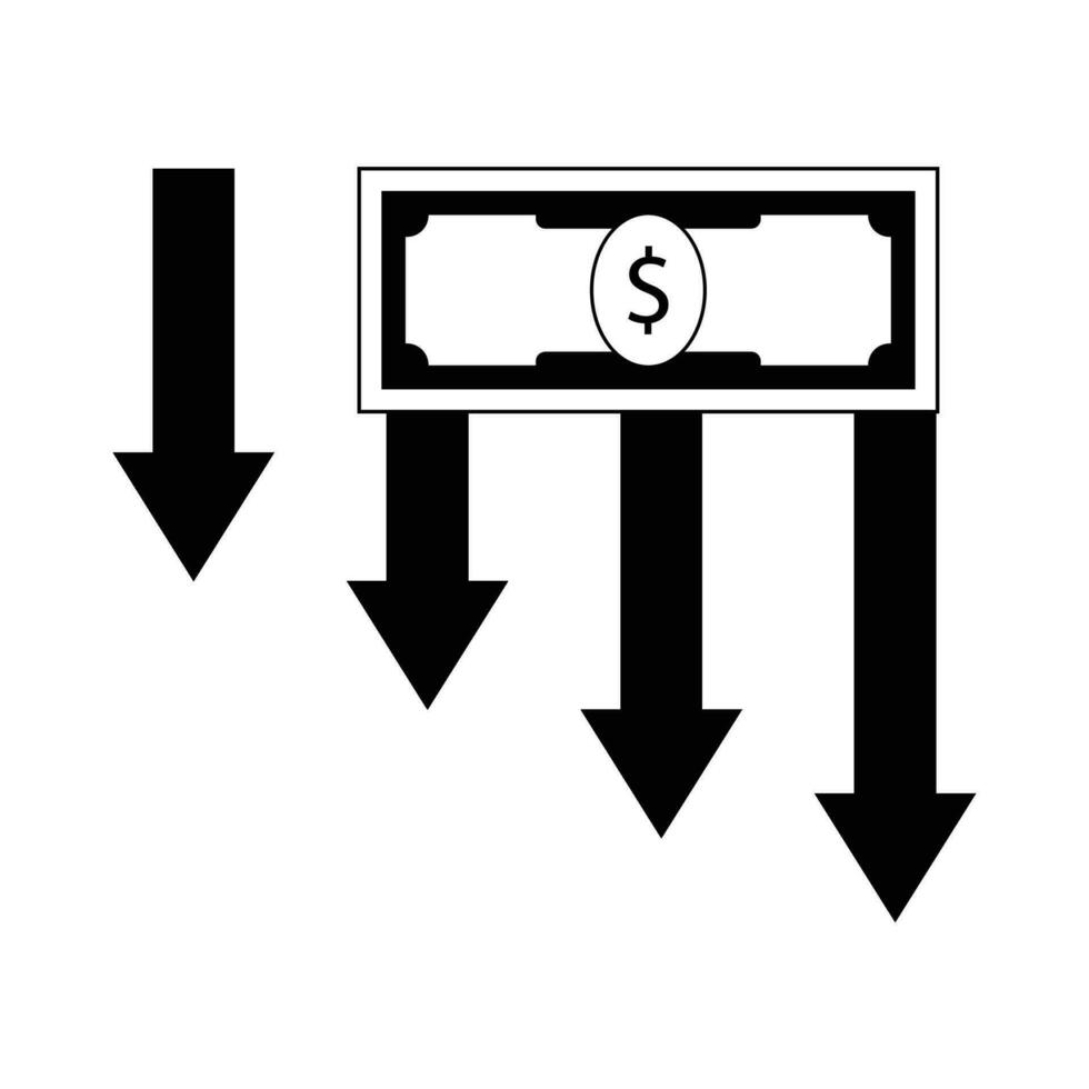 Finanzas crisis y fracaso. abajo flecha y dinero dólar. vector ilustración