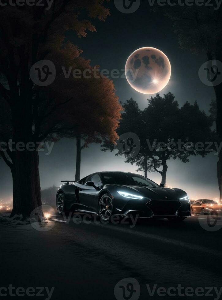 ai generado negro súper coche en medianoche foto
