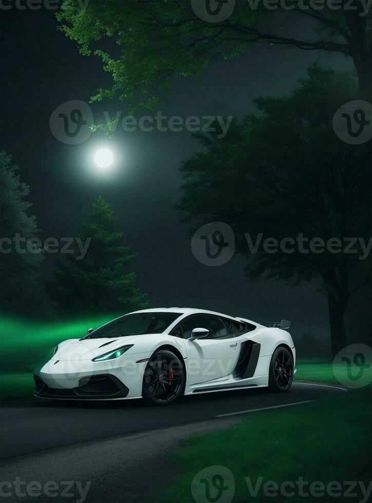 AI generated white super car in midnight photo