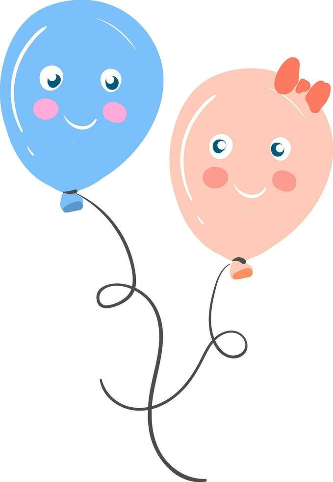 A pink balloon with bows on its anterior part floats along with a blue balloon tied to individual strings symbolizes happily ever after vector color drawing or illustration
