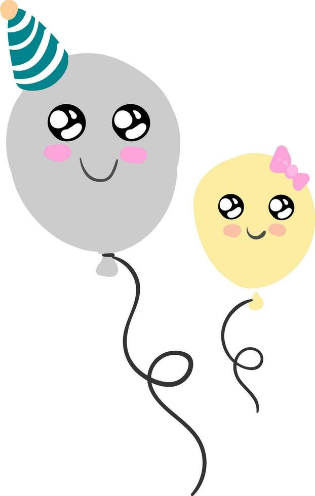 un gris de colores globo vistiendo un fiesta sombrero flotadores con un amarillo de colores globo vistiendo un arco a sus anterior son disfrutando juntos vector color dibujo o ilustración