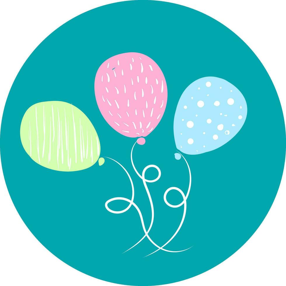 Three decorated colorful balloons of different patterns tied to individual strings floats in bubble-shape blue color background vector color drawing or illustration