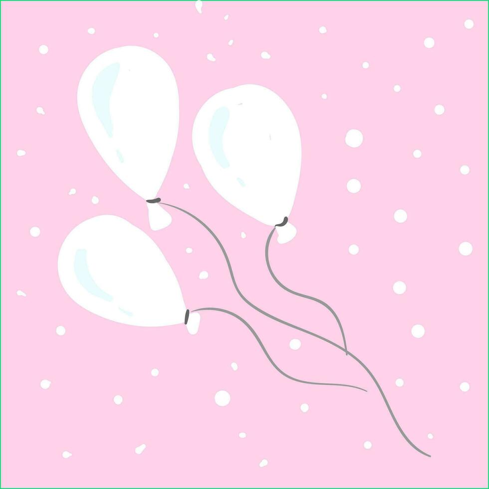 Three beautiful white balloons tied to individual strings floating in pink background vector color drawing or illustration