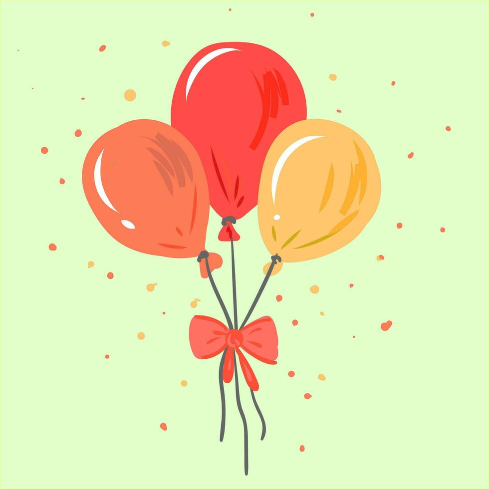 Three bright colorful balloons with an exclamation mark are tied together with a bow-like ribbon and floats in a light color party background vector color drawing or illustration