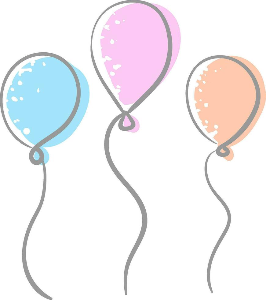 Three blue pink and peach balloons tied to individual strings floats in white background vector color drawing or illustration