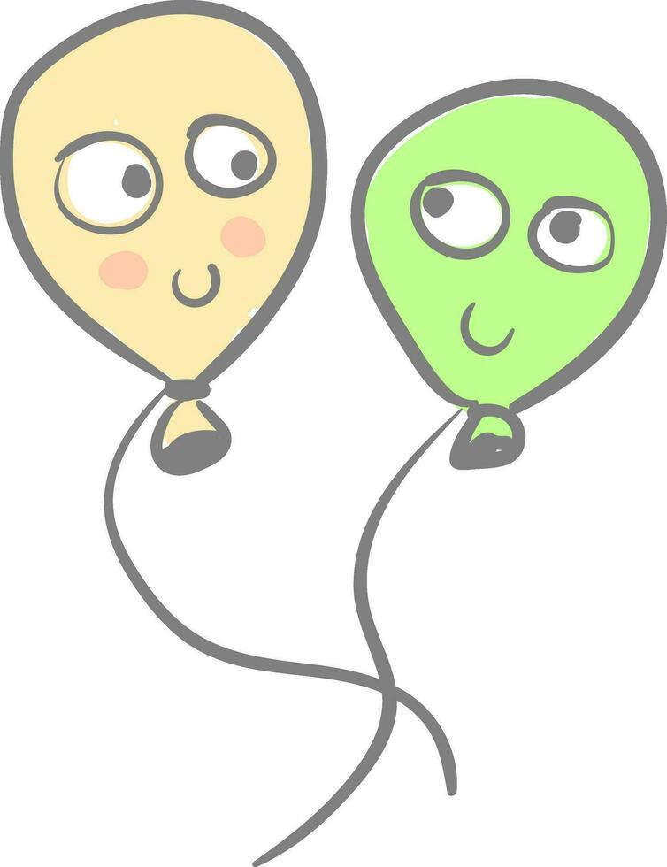 Two beautiful peach and green balloons with big round cartoon eyes and u-shaped lips looking at each other vector color drawing or illustration