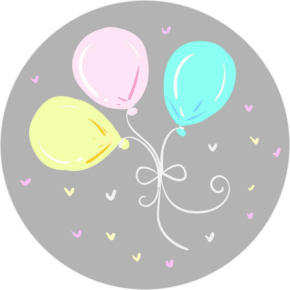 Three pink blue and yellow balloons with an exclamation mark tied together with a bow-like ribbon floats in bubble-shape light grey color background vector color drawing or illustration
