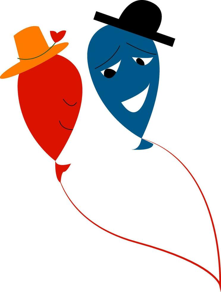 The picture depicts two colorful cartoon balloons with hats expressing moods floating together as tied to individual strings vector color drawing or illustration