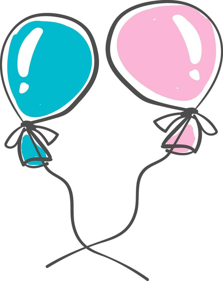 Two blue and pink colored balloons tied to individual strings in a party decoration vector color drawing or illustration