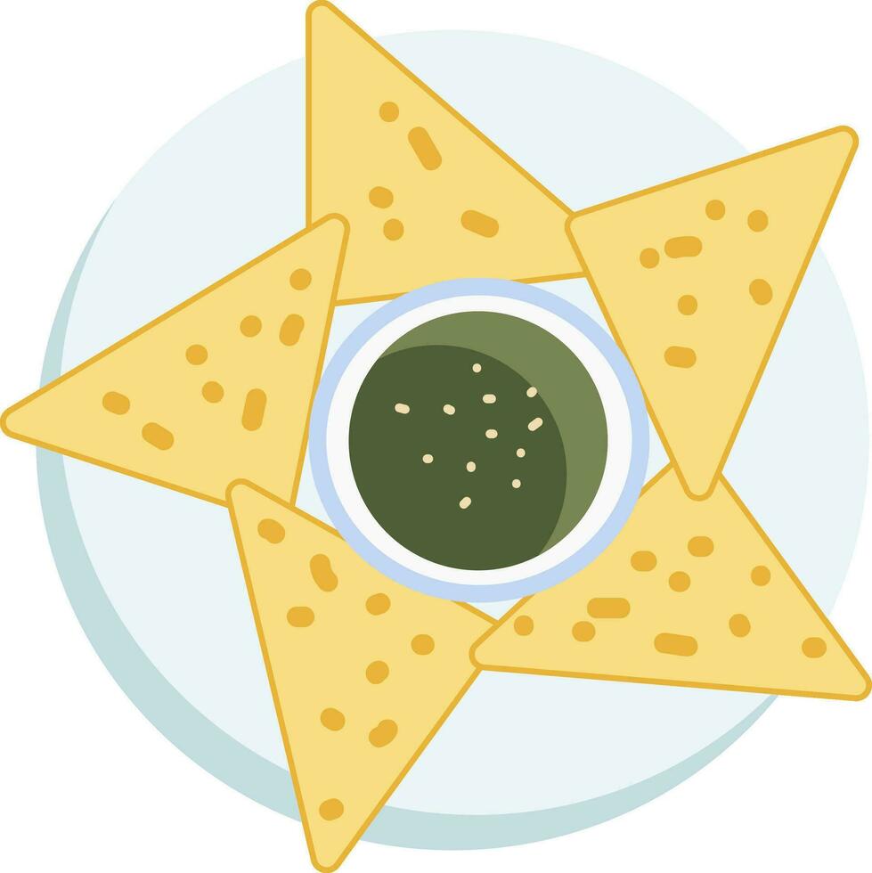 A plate full of nachos served with guacamole dip vector color drawing or illustration