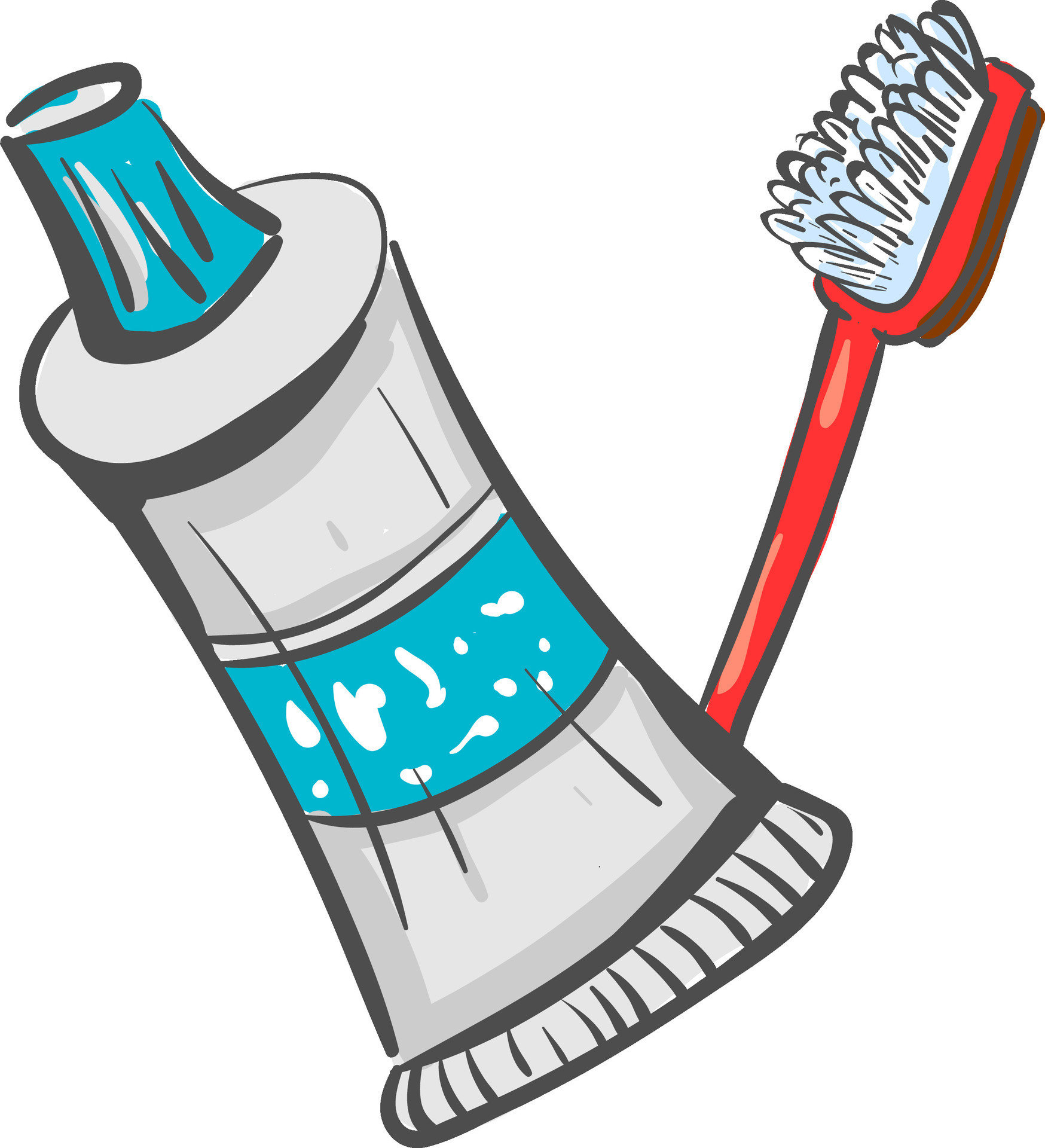A red toothbrush and a toothpaste in white and blue colored combination