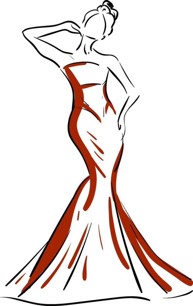 A silhouette of a beautiful woman in red-colored maxi vector or color illustration