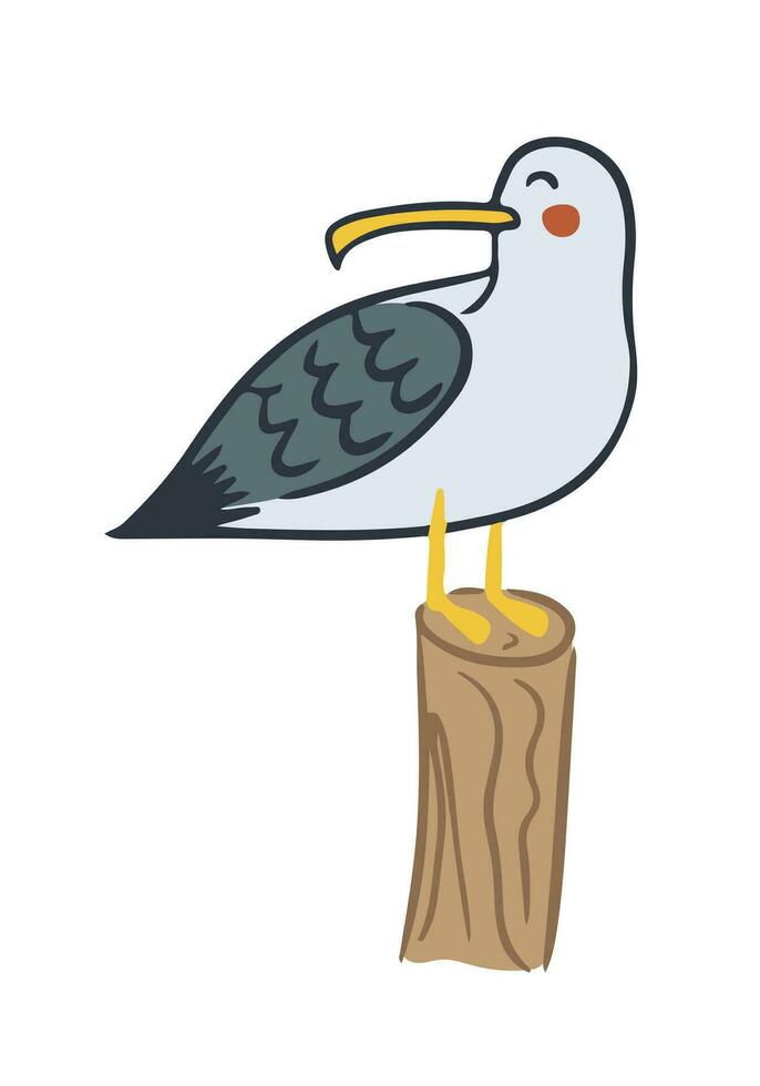 Funny flat hand drawn seagull staying on log. Sea bird in cartoon kawaii style. Summer holiday concept character. Ideal for sea style decoration, sticker, vector