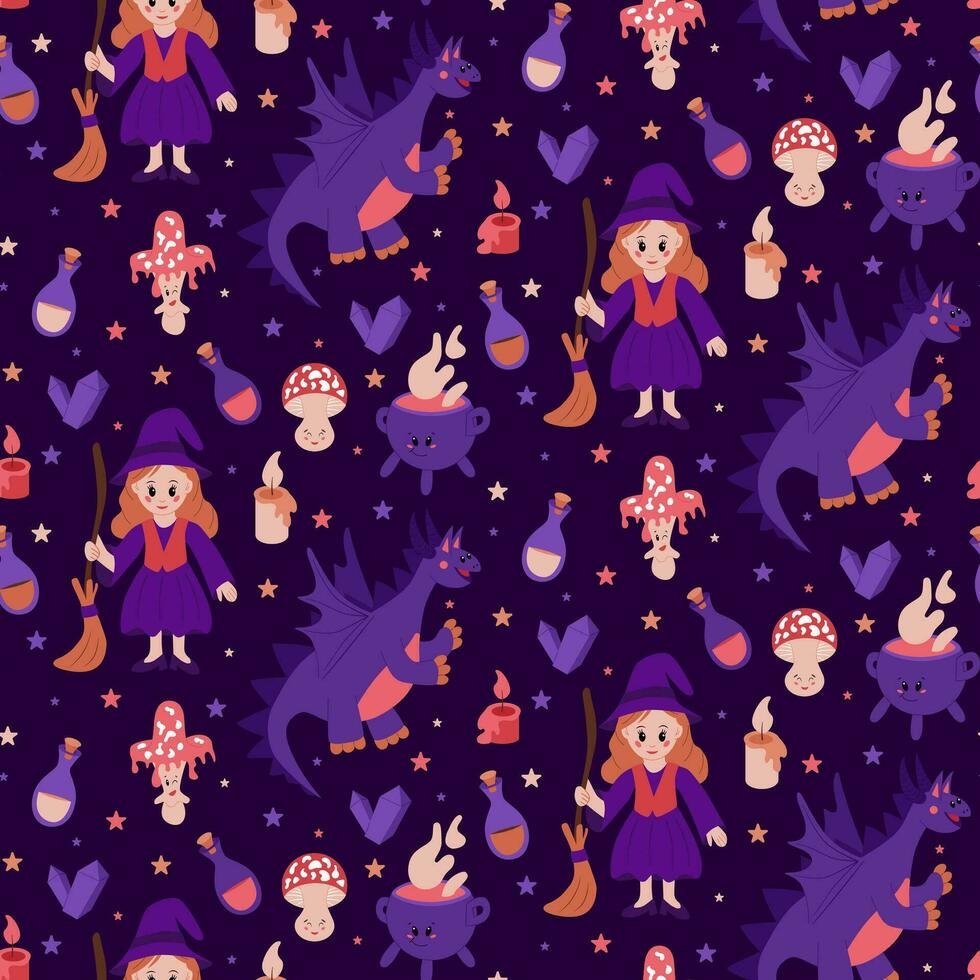 Cute magical seamless pattern with dragon and witch. Dark theme. Flat kawaii magical elements. Witch related items. Graphic print design for wrapping paper, kids textile, background, banner vector