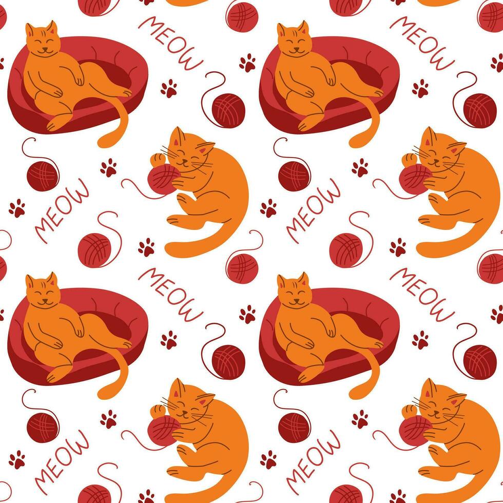 Sleepy lying cat with balls of wool vector pattern. Flat hand drawn cats in kids cartoon minimalistic style. Trendy kids pattern design on white background. Ideal for textile, wrapping paper