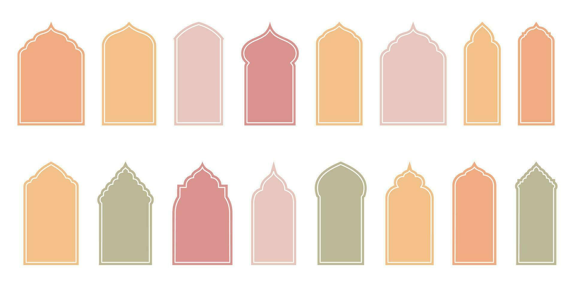 Aesthetic Islamic Vector Shapes Representing Window and Door Arches. Arab Frames Set with Ramadan Kareem Silhouette Icons. Elegant Mosque Gate Illustrations.